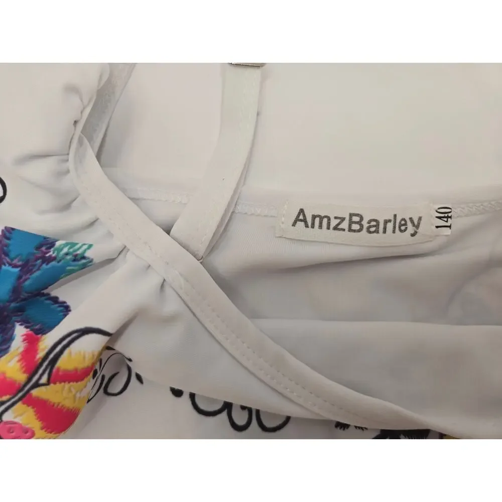 AmzBarley Girls 140 Floral Embroidered Ruffle Swimsuit Bikini Top White Kids